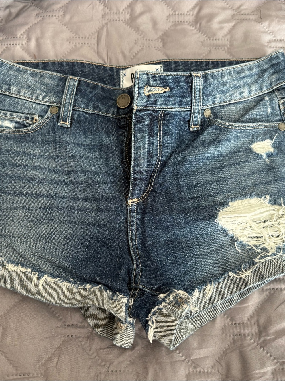 Paige Distressed Mid-Blue Denim Cutoff Shorts